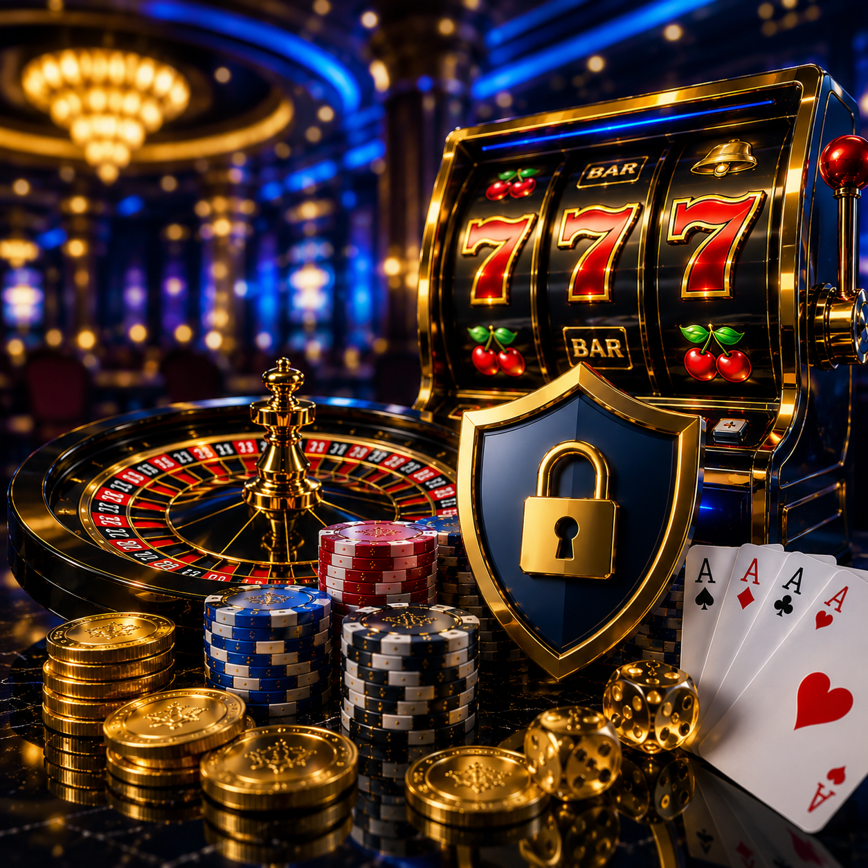 Square online casino image featuring a premium slot machine with glowing 777 symbols, roulette wheel, security shield, poker chips, gold coins, and playing cards in a luxurious casino environment.