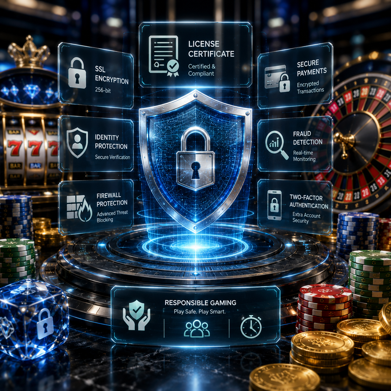 Square image featuring a futuristic online casino security control center with a glowing encrypted shield, SSL encryption, license certificate, secure payment verification, identity protection, firewall, two-factor authentication, and premium casino gaming elements.