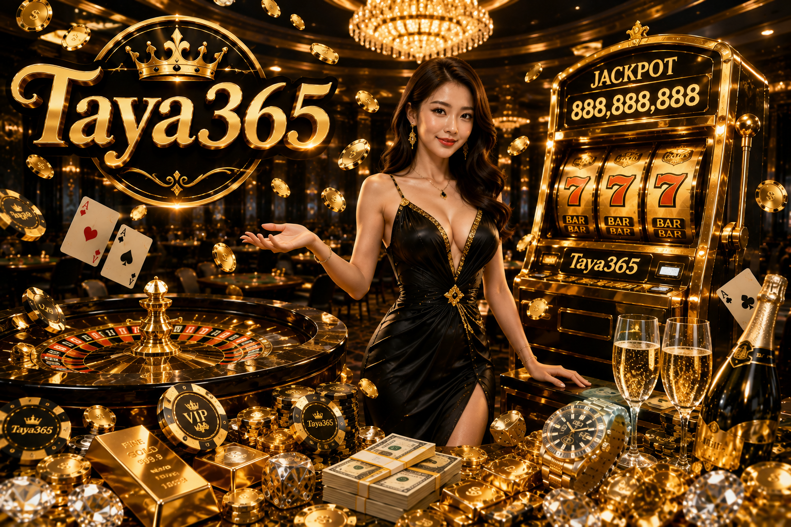 A luxurious Taya365 online casino featuring an elegant Asian female dealer, golden slot machines, roulette wheel, poker chips, jackpots, and a premium black and gold casino interior.