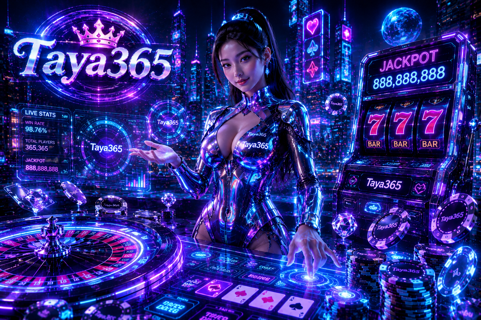 A futuristic Taya365 online casino with holographic slot machines, glowing roulette wheels, AI gaming interfaces, and a cyber female dealer inside a neon city.