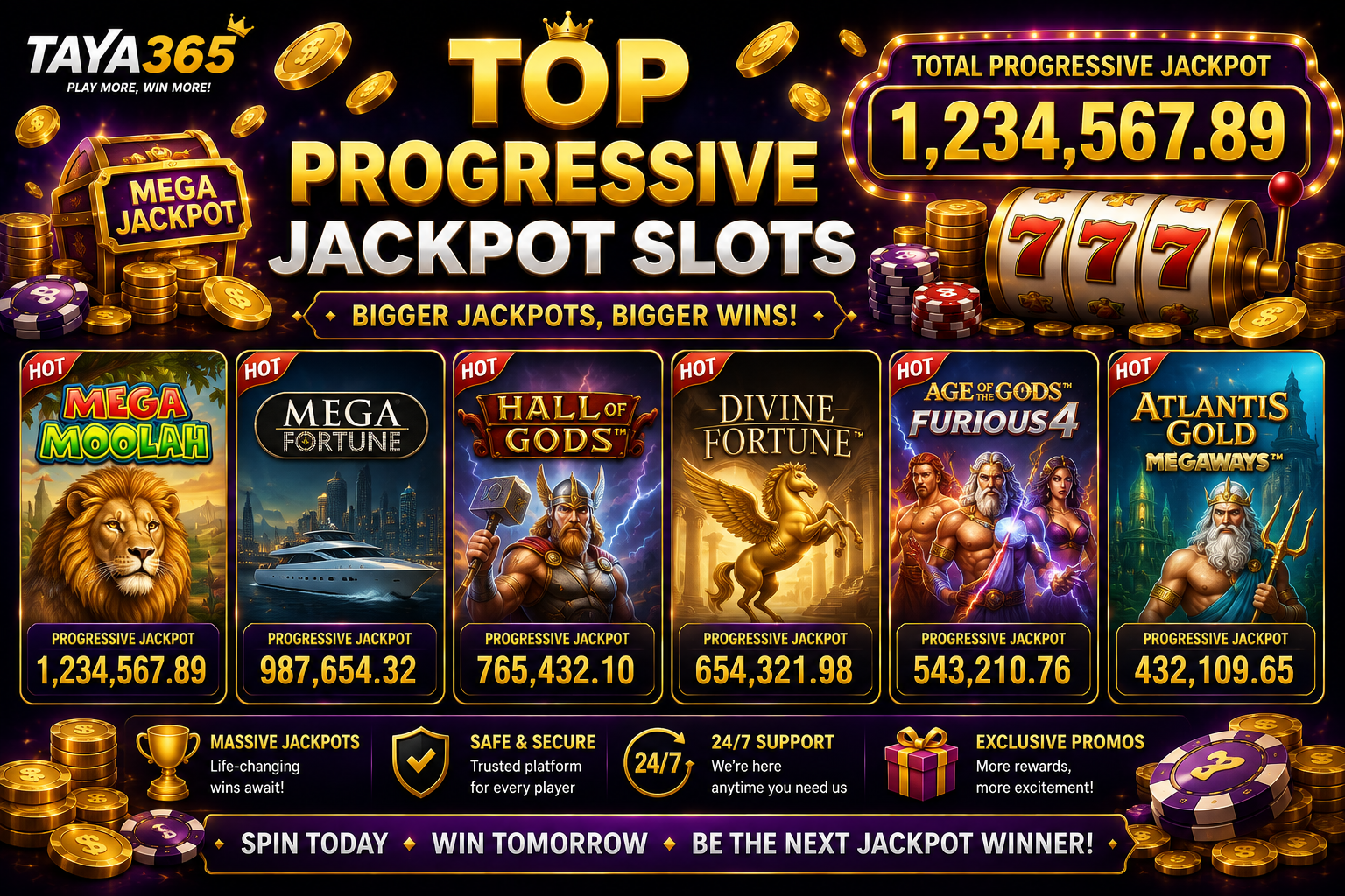 Taya365 casino banner showcasing progressive jackpot slot games including Mega Moolah, Mega Fortune, Hall of Gods, Divine Fortune, Age of the Gods Furious 4, and Atlantis Gold Megaways, surrounded by jackpot displays, slot machines, casino chips, and gold coins.